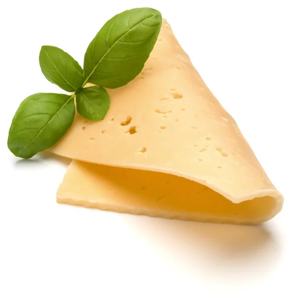 Sýr plátek a bazalkovými listy byliny — Stock fotografie