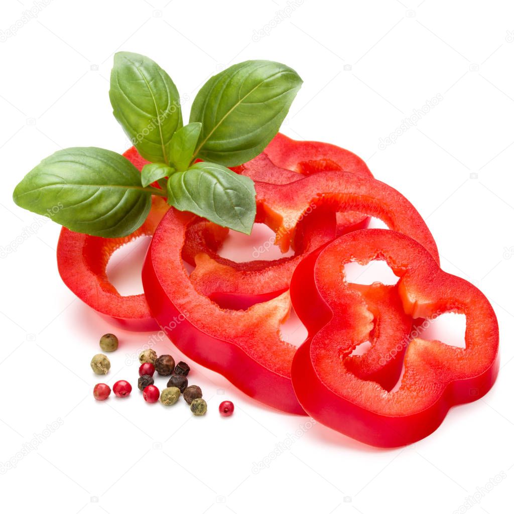 Red pepper slices and basil leaves