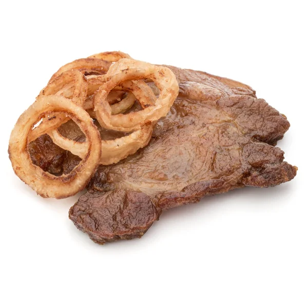 Mięso wieprzowe smażone z plastrami cebuli — Zdjęcie stockowe
