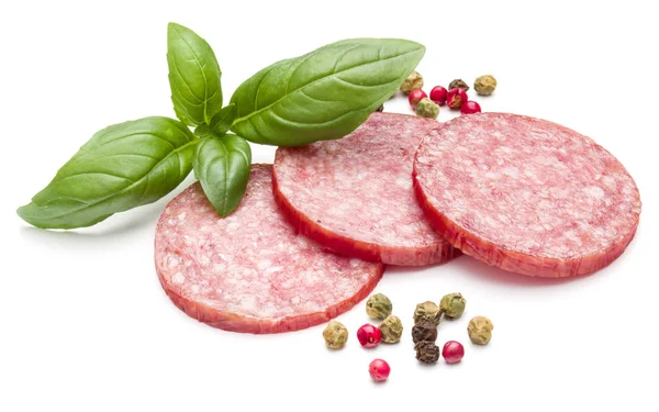 Salami geräucherte Wurst drei Scheiben — Stockfoto