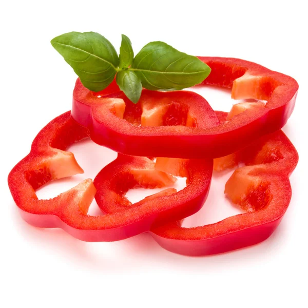 Red sweet bell pepper slices and basil leaves — Stock Photo, Image