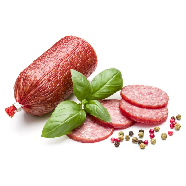 Salami geräucherte Wurst, Basilikumblätter — Stockfoto