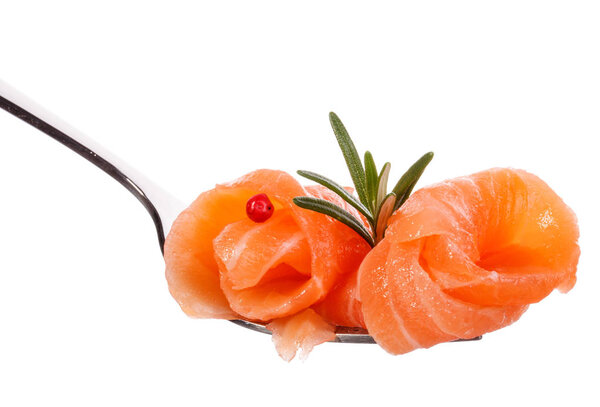 Salmon piece on fork 