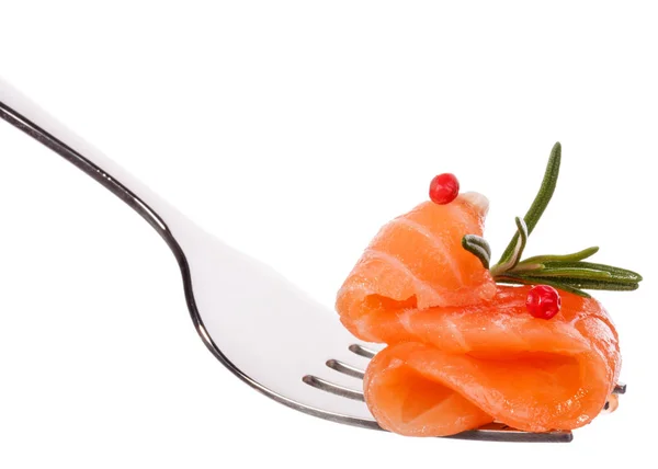 Salmon piece on fork — Stock Photo, Image