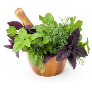 ahşap harç içinde taze otlar