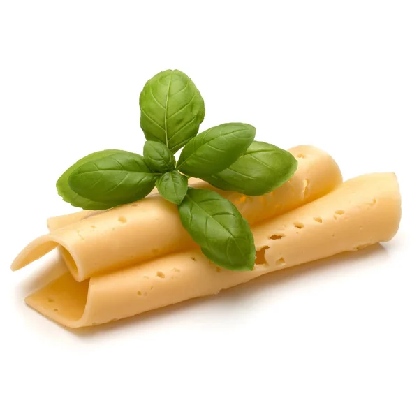 Plátky sýra a bylinkové listy bazalky — Stock fotografie