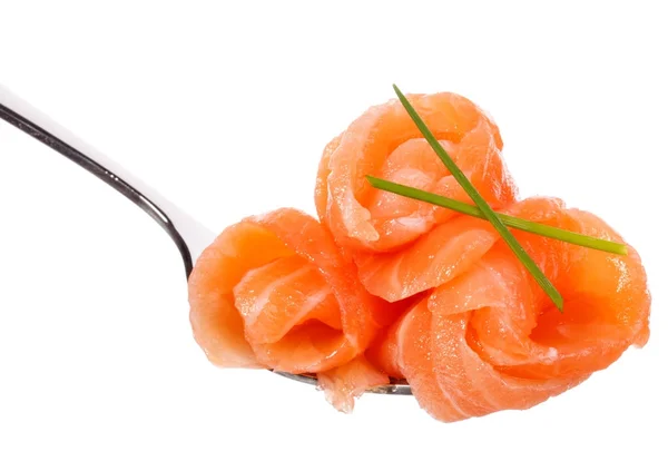 Salmon piece on fork — Stock Photo, Image