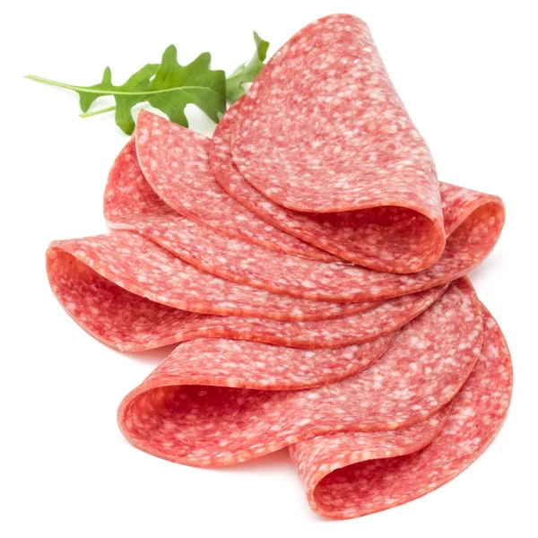 Salami Tranches Saucisse Fumée Isolé Sur Fond Blanc — Photo