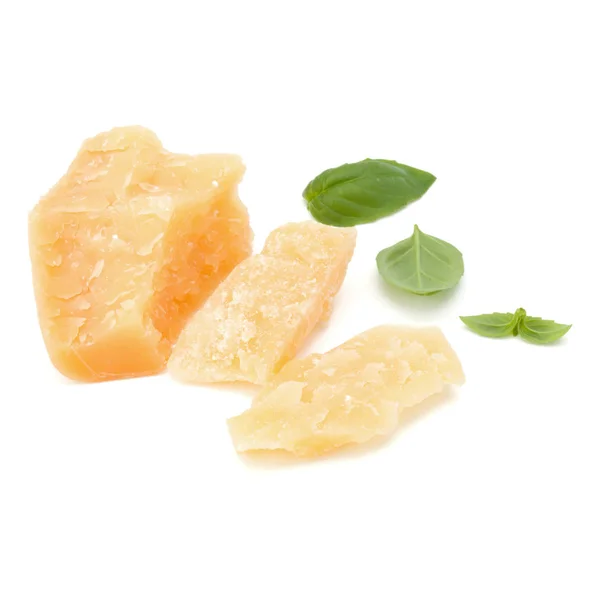 Shredded Parmesan Cheese Basil Leaves Isolated White Background — Stock Photo, Image