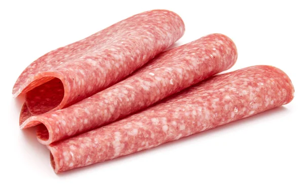 Salami Rebanadas Salchichas Ahumadas Aisladas Sobre Fondo Blanco —  Fotos de Stock