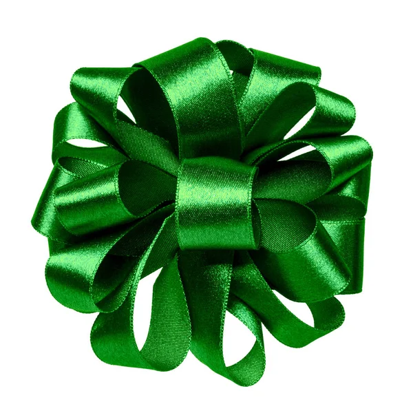 白い背景に分離された緑の色で光沢のあるサテン リボン弓 — ストック写真