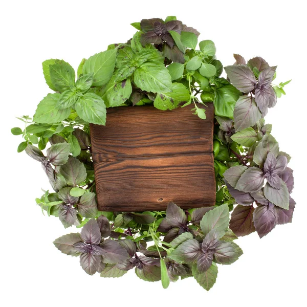 Wooden Burnt Board Various Sweet Basil Herb Leaves — Stock Photo, Image