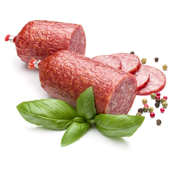 Salami Smoked Sausage Basil Leaves Peppercorns Isolated White Background — Stock Photo, Image