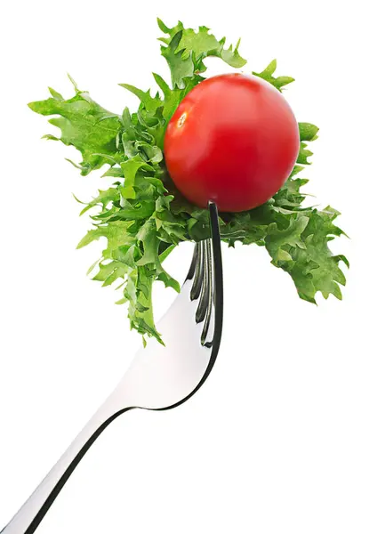 Frische Salatblätter Und Kirschtomaten Auf Gabel Isoliert Auf Weißem Hintergrund — Stockfoto