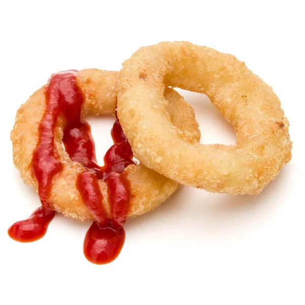 Croccanti Anelli Cipolla Fritta Calamari Con Ketchup Isolato Fondo Bianco — Foto Stock