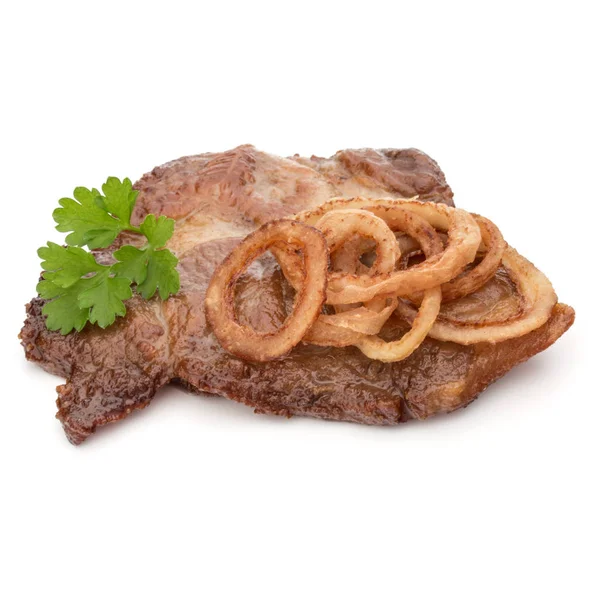 Carne Cerdo Frita Cocida Con Hojas Perejil Rodajas Cebolla Decoradas — Foto de Stock