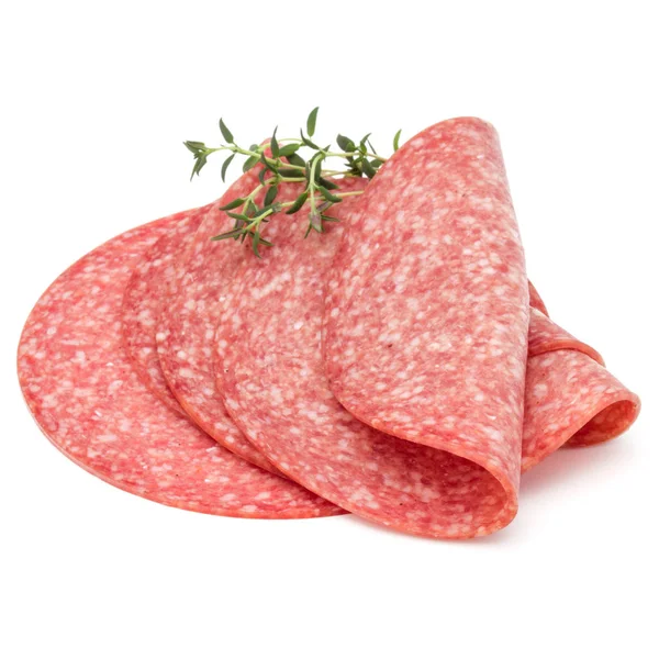 Salame Affumicato Fette Salsiccia Isolato Sfondo Bianco — Foto Stock