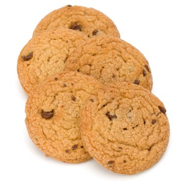 Beyaz arka planda izole edilmiş çikolatalı kurabiyeler. Tatlı şey.