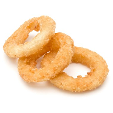 Gevrek derin kızarmış soğan veya üzerinde beyaz backg izole kalamar ring