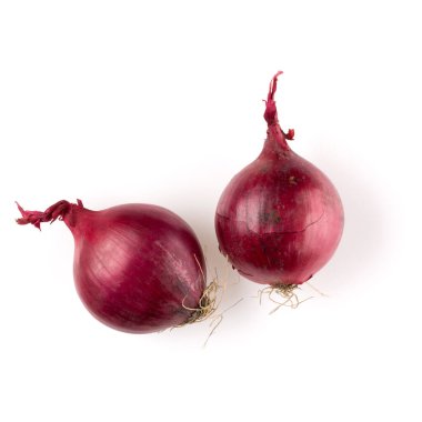 Beyaz arka plan kesme, üstten görünüm izole kırmızı soğan