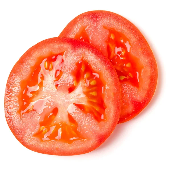 Slices of tomato isolated on white background. Top view, flat la — Stock Photo, Image