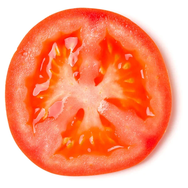 Beyaz arka planda izole edilmiş bir domates dilimi. Üst manzara, düz! — Stok fotoğraf