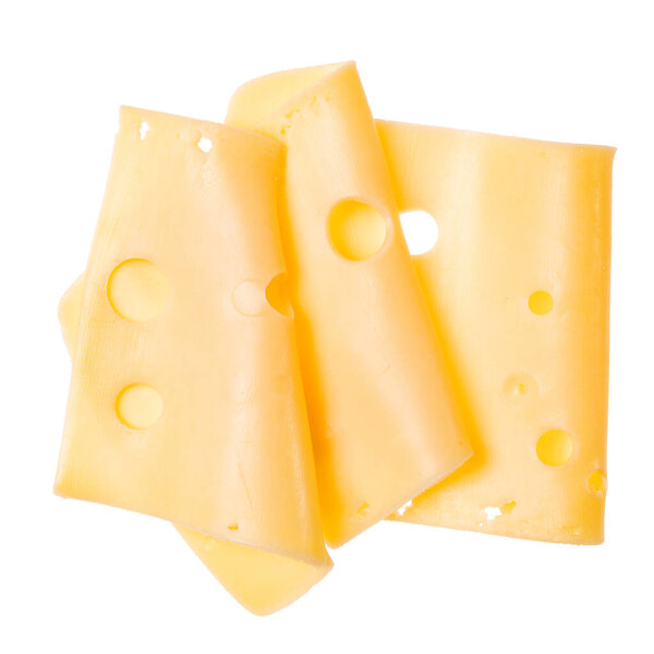 Three cheese slices isolated on white background. Top view. Flat