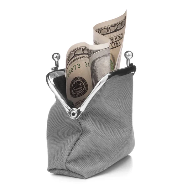 Szürke készpénzpénztárca elszigetelt fehér alapon. Töltse fel az erszényt — Stock Fotó
