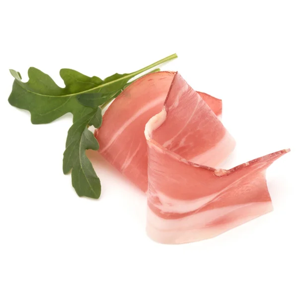 Italiaanse prosciutto crudo of Jamón. Rauwe ham. Geïsoleerd op witte ba — Stockfoto