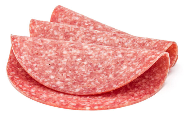 Salami smoked sausage slices isolated on white background