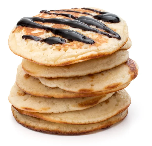 Pancakes  stack with chocolate syrup on white background — Stock Photo, Image