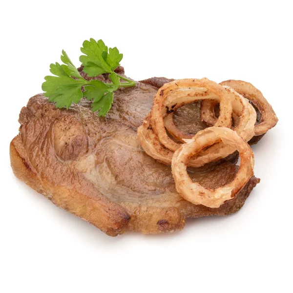 Carne de cerdo frita cocida con hojas de perejil y rodajas de cebolla —  Fotos de Stock