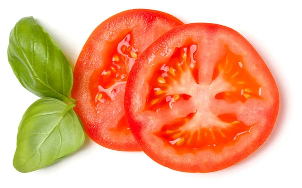 Fatias de folhas de tomate e manjericão isoladas sobre fundo branco — Fotografia de Stock