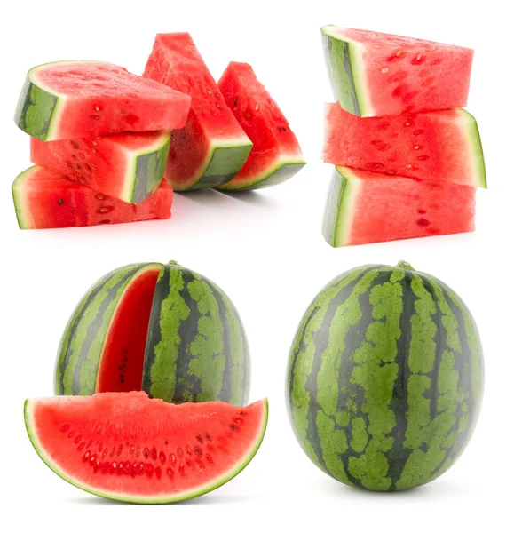 Sammlung von ganzen und geschnittenen Wassermelonenfrüchten isoliert auf weiß — Stockfoto