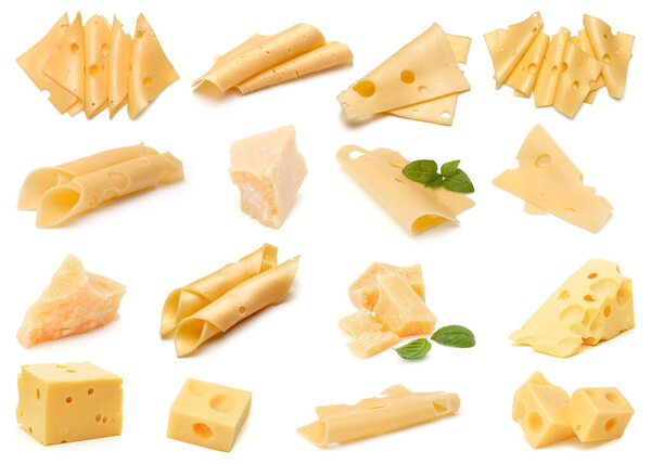 Cheese collection isolated over white background. Set of differe