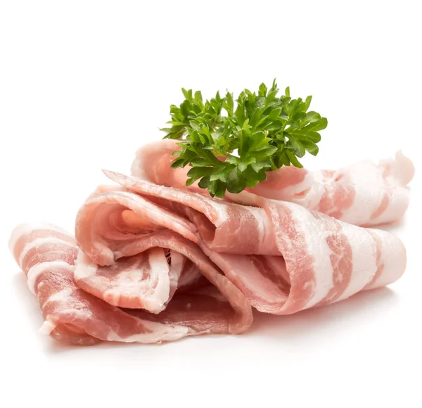 Bacon fatiado e folhas de salsa isoladas sobre fundo branco cu — Fotografia de Stock