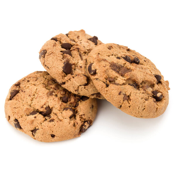 Three Chocolate chip cookies isolated on white background. Sweet