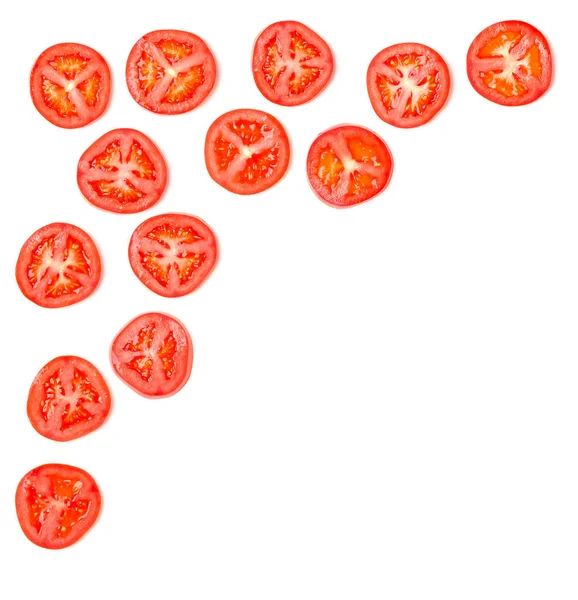 Layout criativo feito de fatias de tomate. Deitado plano, vista superior. Veget. — Fotografia de Stock