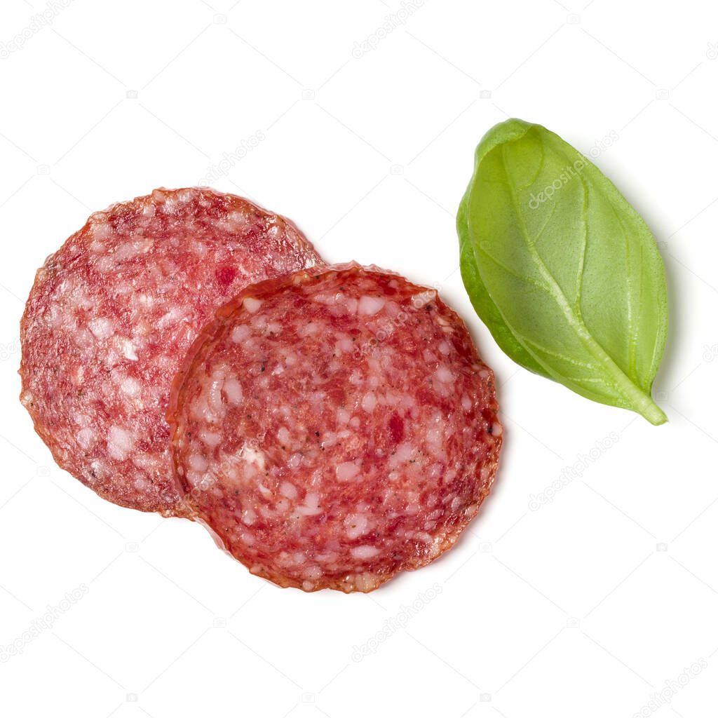 Slices of salami isolated on white background closeup. Sausage a