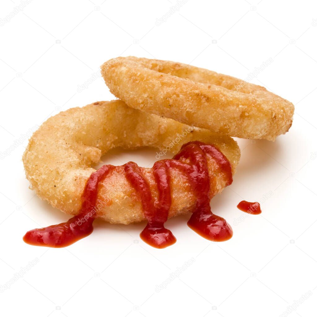 Crispy deep fried onion or Calamari ring with ketchup isolated o