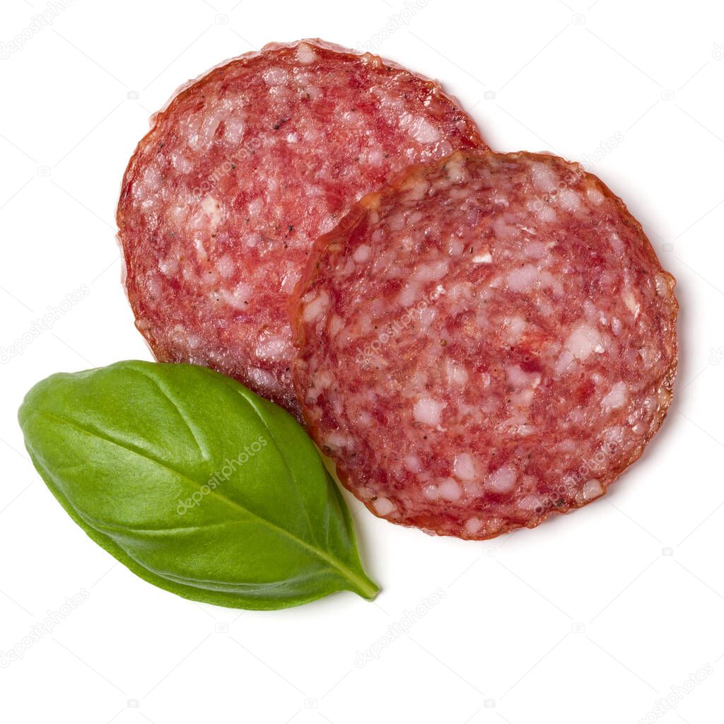 Slices of salami isolated over white background closeup. Sausage