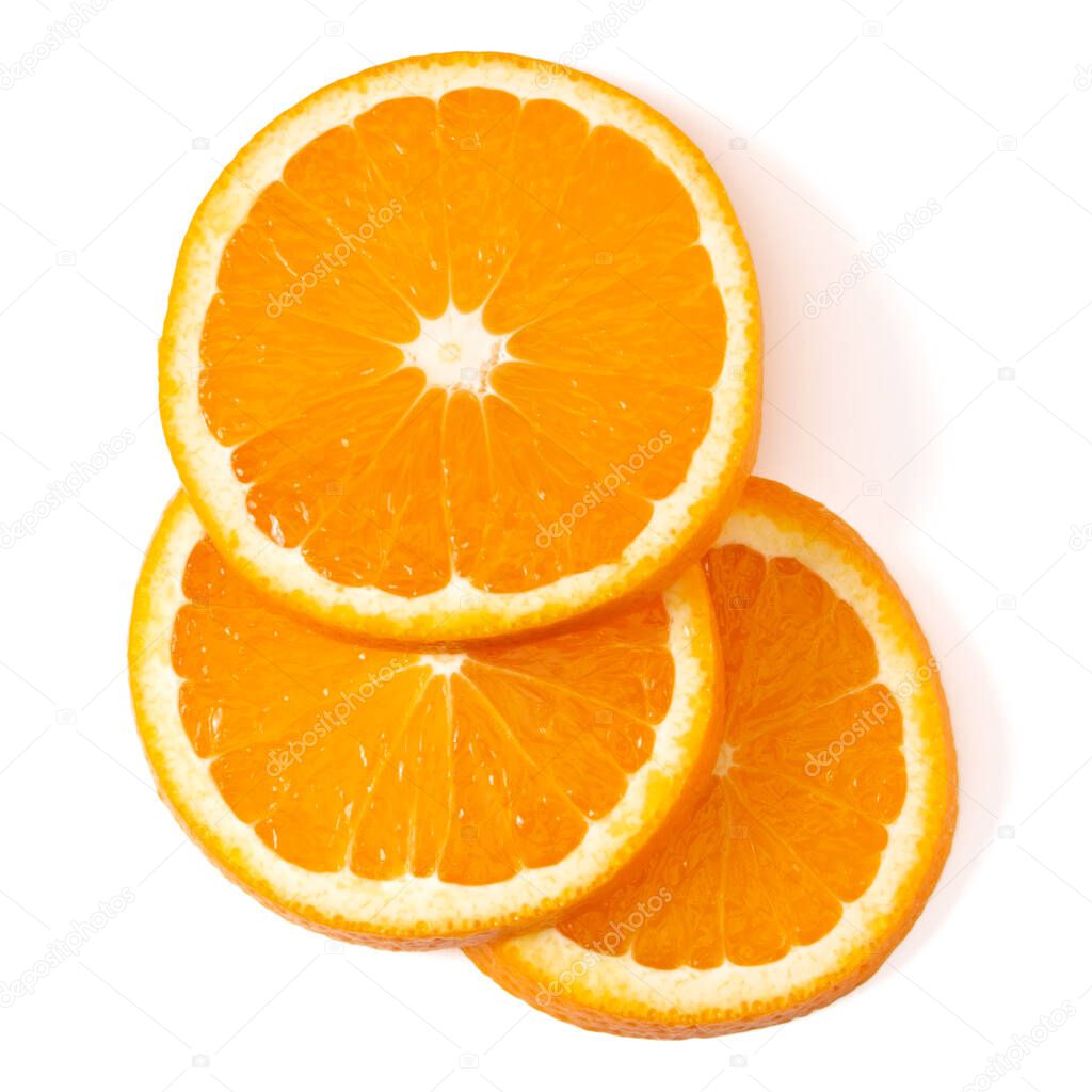 Orange fruit slice layout isolated on white background closeup. 