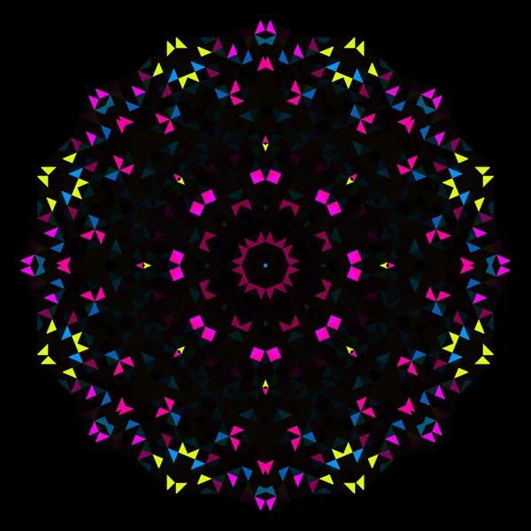 Abstraktní geometrický jasný kaleidoskop vzor. Kruhový symetrický design. Kulatý květinový ozdoba — Stock fotografie