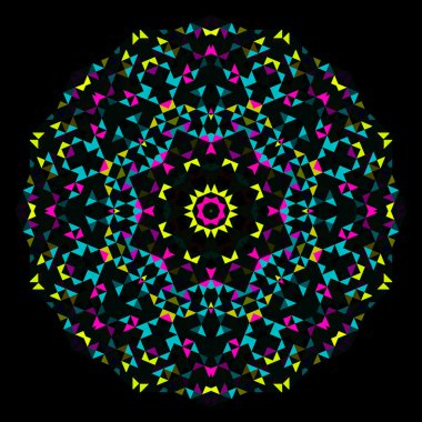 Soyut Geometrik Parlak Kaleydoskop Deseni. Çember Simetrik Tasarımı. Yuvarlak Çiçek Süslemesi