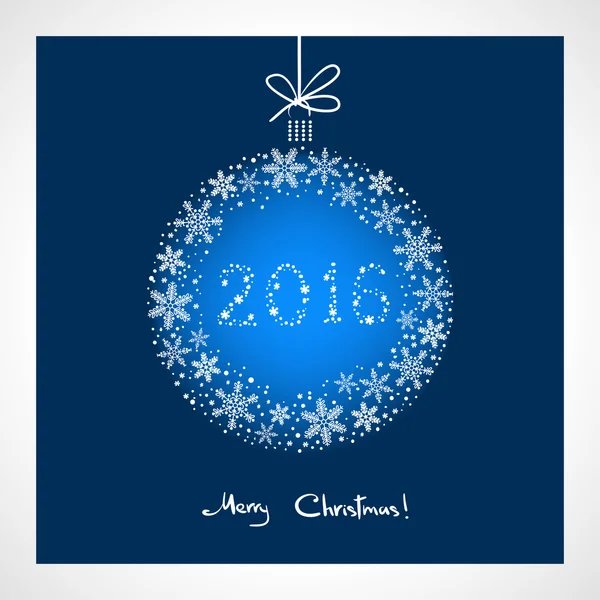 God jul och gott nytt år 2016. stiliserade blå boll med snöflingor. Mall för säsongen gratulationskort — Stockfoto