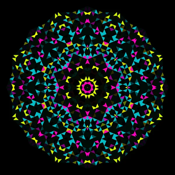 Abstraktní geometrický jasný kaleidoskop vzor. Kruhový symetrický design. Kulatý květinový ozdoba — Stock fotografie