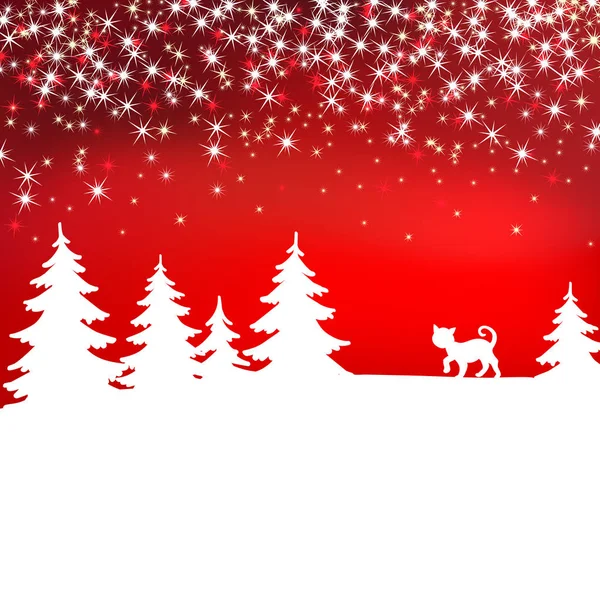 Jul bakgrund. Vinter landskap med katt. Vita fairy forest. — Stock vektor
