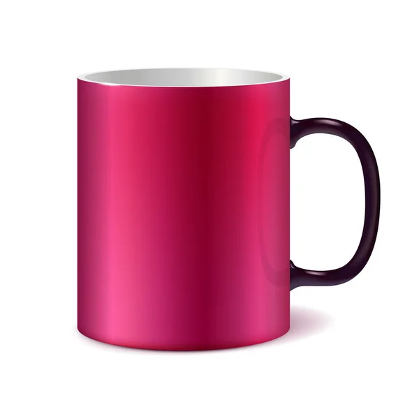 분홍색과 흰색 로고 인쇄 위한 검은 손잡이 가진 큰 세라믹 컵 — 스톡 벡터