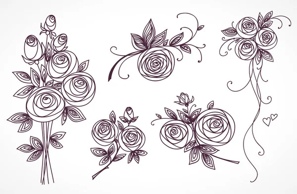 As rosas estão prontas. Coleção de buquês de rosas. Desenho de mão de flor estilizada . —  Vetores de Stock