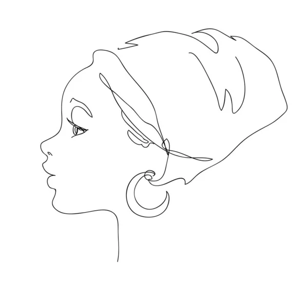 African young woman face silhouette in national headdress portrait. Continuous line drawing style. Logo outline vector illustration of pretty girl. Black and white hand drawn line art. — Stock Vector